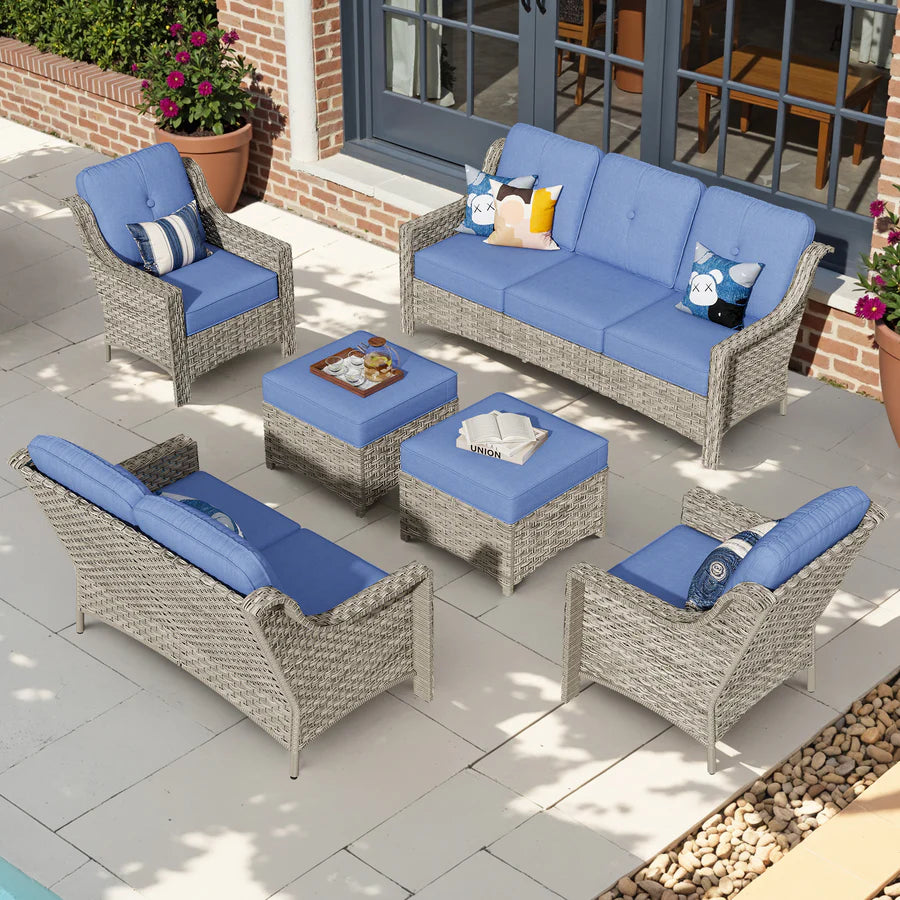 6 Pieces Patio Furniture Set, Outdoor Sofa Couch with Ottomans