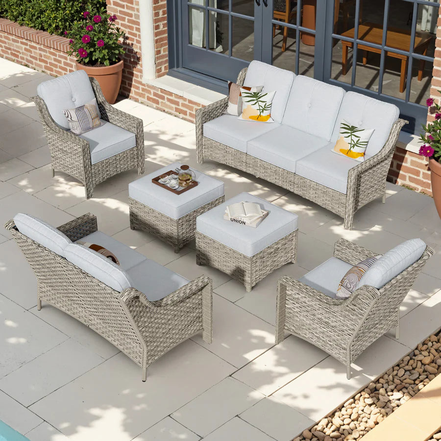 6 Pieces Patio Furniture Set, Outdoor Sofa Couch with Ottomans
