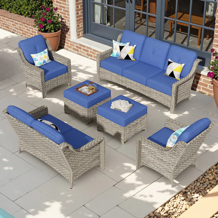 6 Pieces Patio Furniture Set, Outdoor Sofa Couch with Ottomans