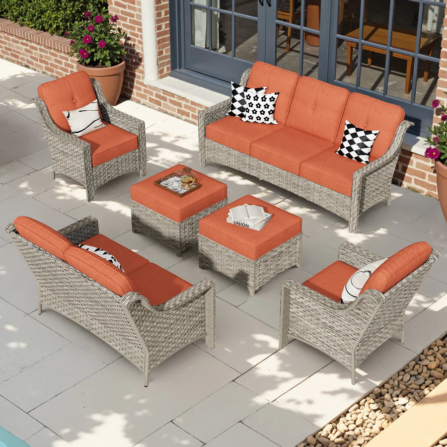 6 Pieces Patio Furniture Set, Outdoor Sofa Couch with Ottomans