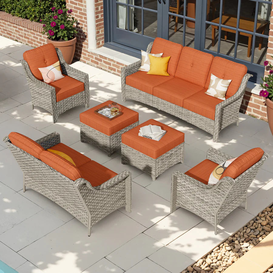 6 Pieces Patio Furniture Set, Outdoor Sofa Couch with Ottomans
