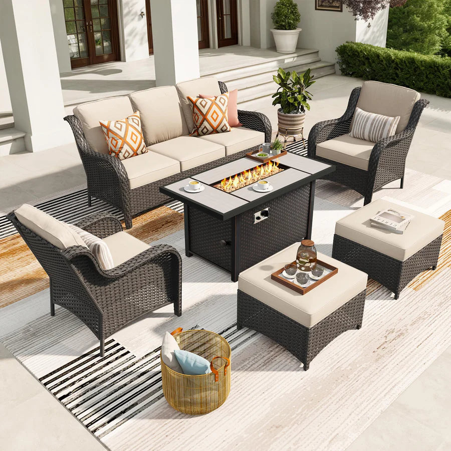 6 Pieces Patio Furniture Set with 42" Firepit Table, Outdoor Wicker Sofa with Ottomans