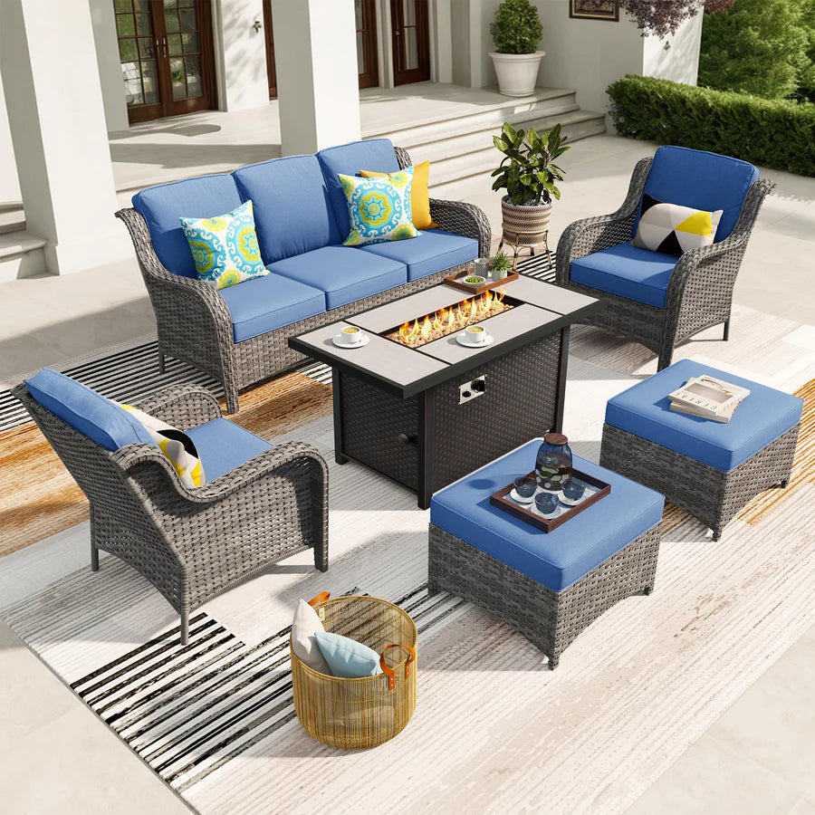 6 Pieces Patio Furniture Set with 42" Firepit Table, Outdoor Wicker Sofa with Ottomans