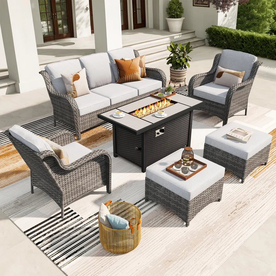 6 Pieces Patio Furniture Set with 42" Firepit Table, Outdoor Wicker Sofa with Ottomans