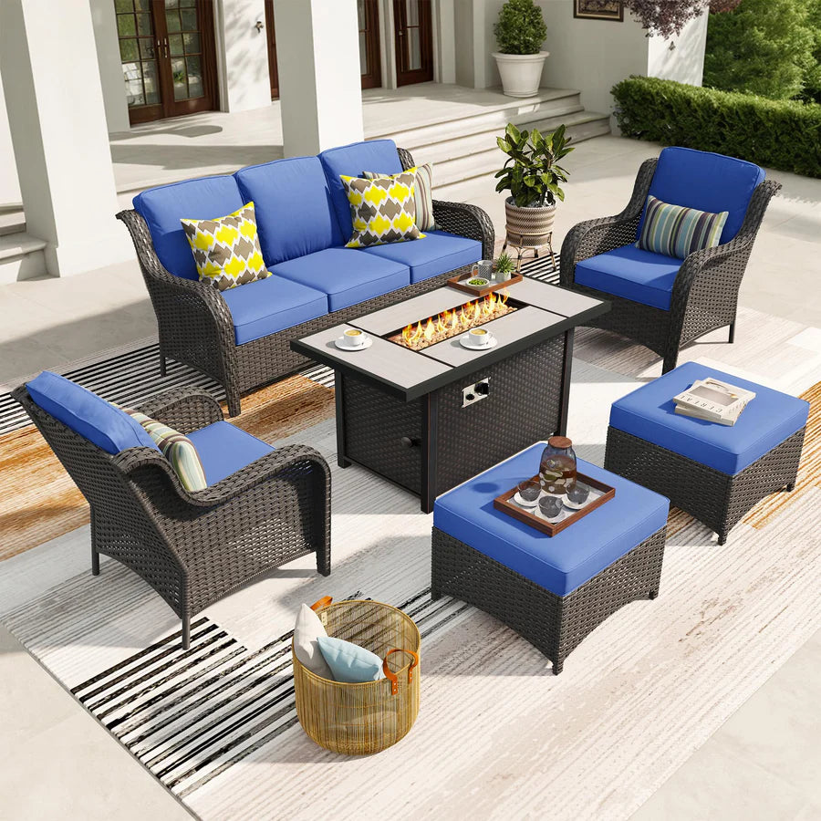 6 Pieces Patio Furniture Set with 42" Firepit Table, Outdoor Wicker Sofa with Ottomans