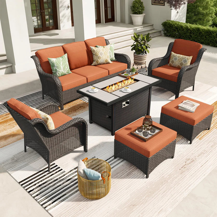 6 Pieces Patio Furniture Set with 42" Firepit Table, Outdoor Wicker Sofa with Ottomans