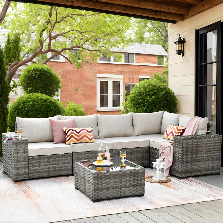 6 Pieces Outdoor Sectional Sofa with 7.68'' Broad Handrails