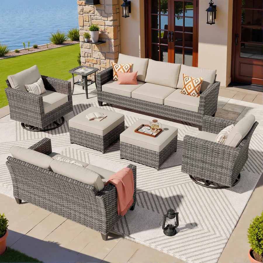 7 Pieces Patio Furniture Set, Outdoor Wicker Sofa with Rocking Swivel Chairs