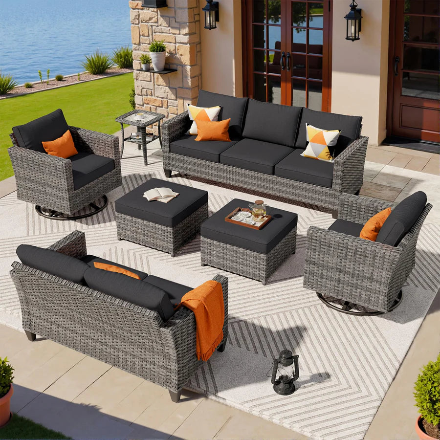 7 Pieces Patio Furniture Set, Outdoor Wicker Sofa with Rocking Swivel Chairs