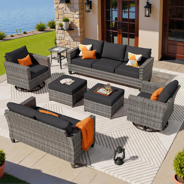 7 Pieces Patio Furniture Set, Outdoor Wicker Sofa with Rocking Swivel Chairs