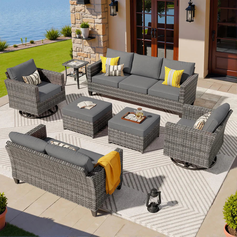 7 Pieces Patio Furniture Set, Outdoor Wicker Sofa with Rocking Swivel Chairs