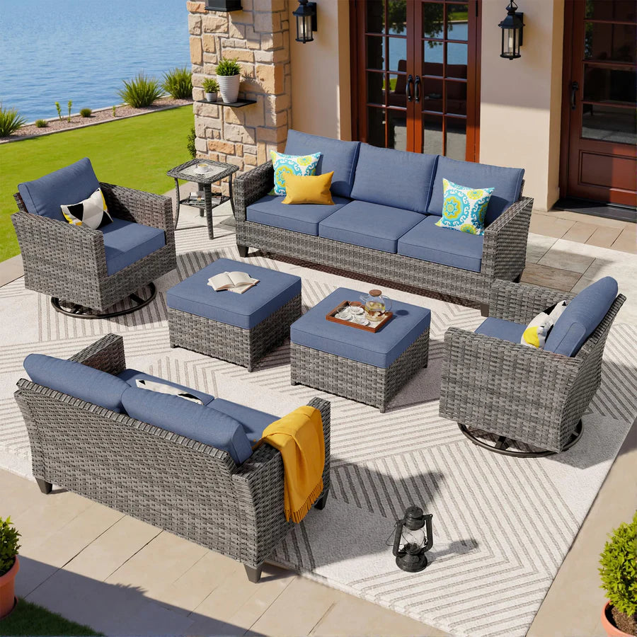 7 Pieces Patio Furniture Set, Outdoor Wicker Sofa with Rocking Swivel Chairs