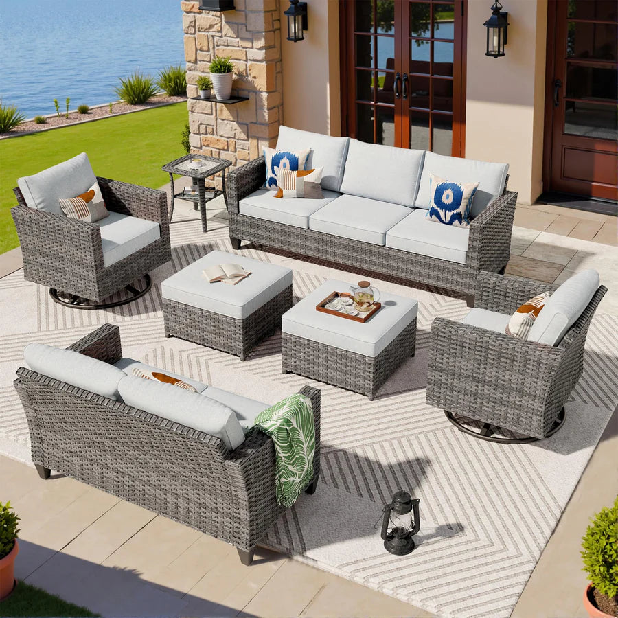 7 Pieces Patio Furniture Set, Outdoor Wicker Sofa with Rocking Swivel Chairs