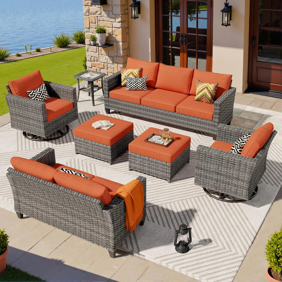 7 Pieces Patio Furniture Set, Outdoor Wicker Sofa with Rocking Swivel Chairs