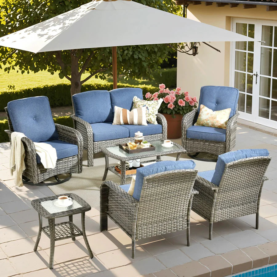 7 Pieces Patio Furniture Set, Outdoor Wicker Sofa with Swivel Chairs, Coffee Table