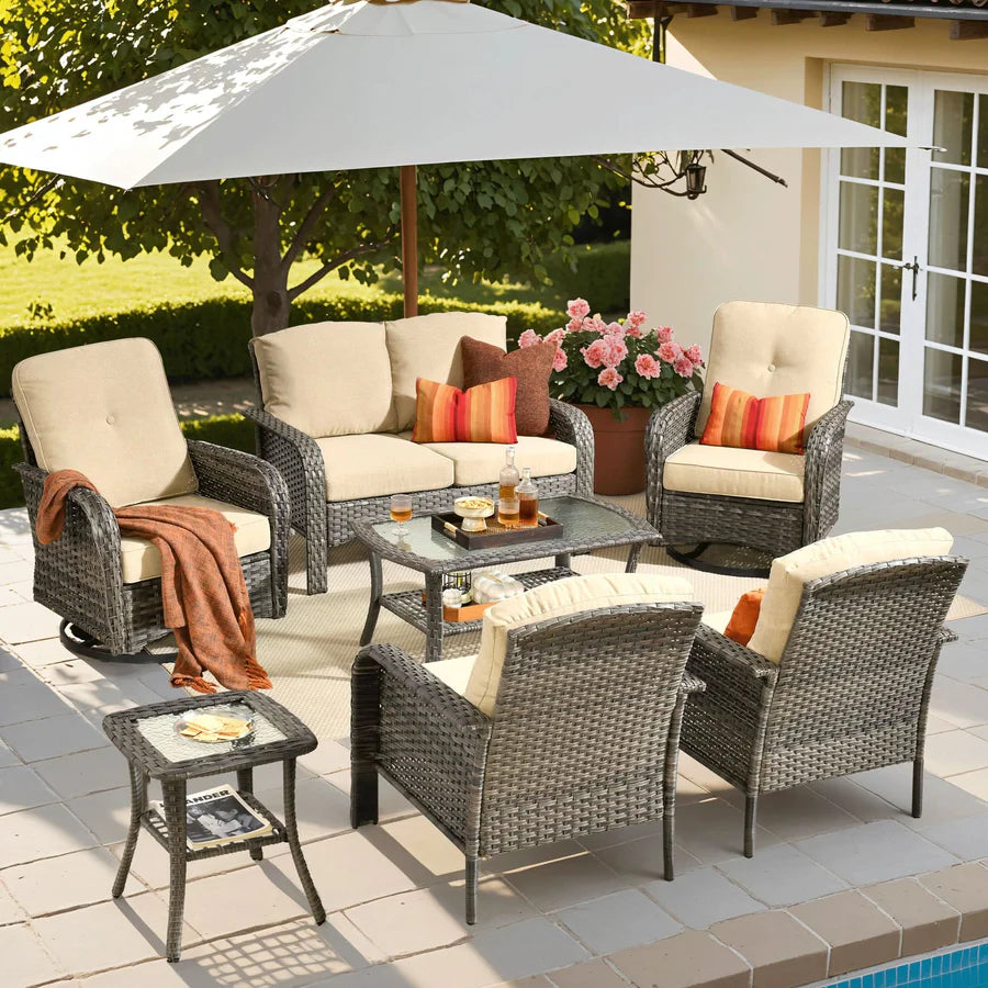 7 Pieces Patio Furniture Set, Outdoor Wicker Sofa with Swivel Chairs, Coffee Table