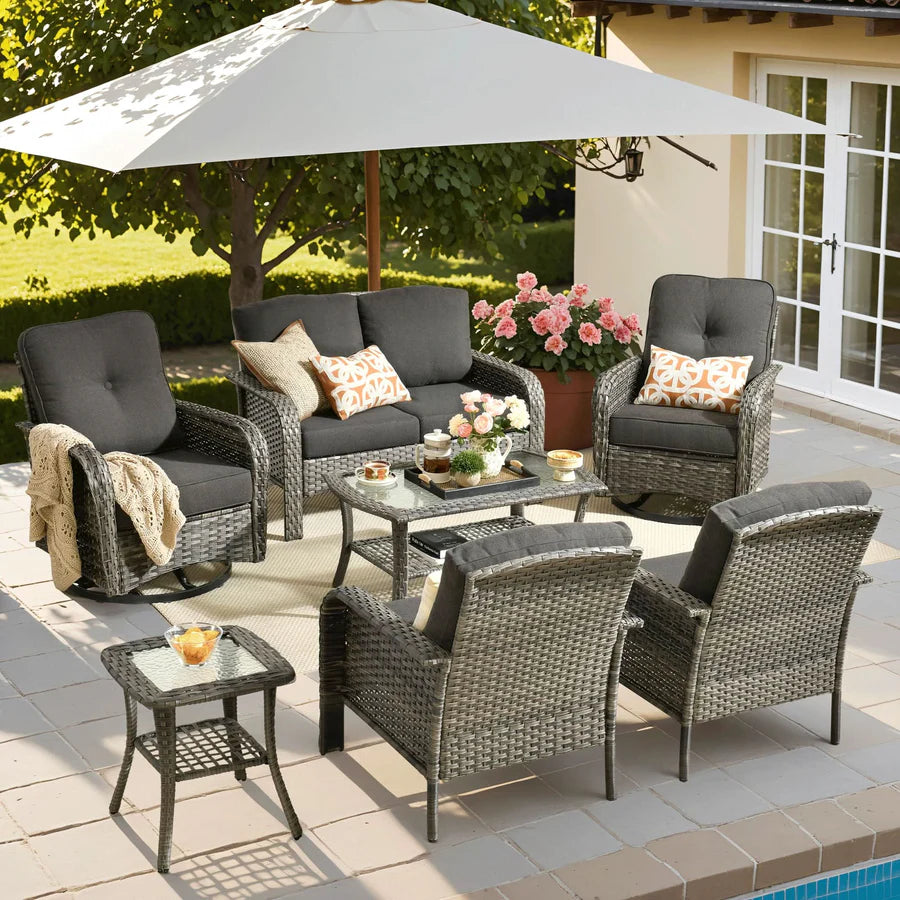 7 Pieces Patio Furniture Set, Outdoor Wicker Sofa with Swivel Chairs, Coffee Table