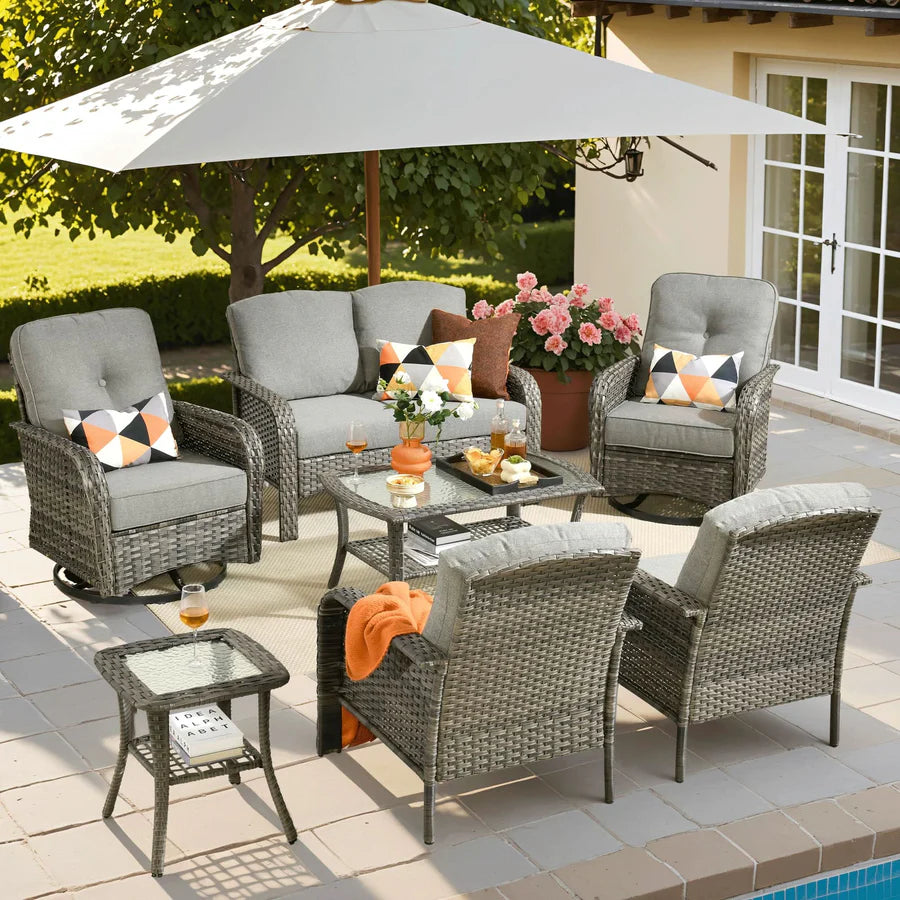 7 Pieces Patio Furniture Set, Outdoor Wicker Sofa with Swivel Chairs, Coffee Table