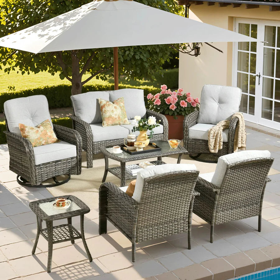 7 Pieces Patio Furniture Set, Outdoor Wicker Sofa with Swivel Chairs, Coffee Table