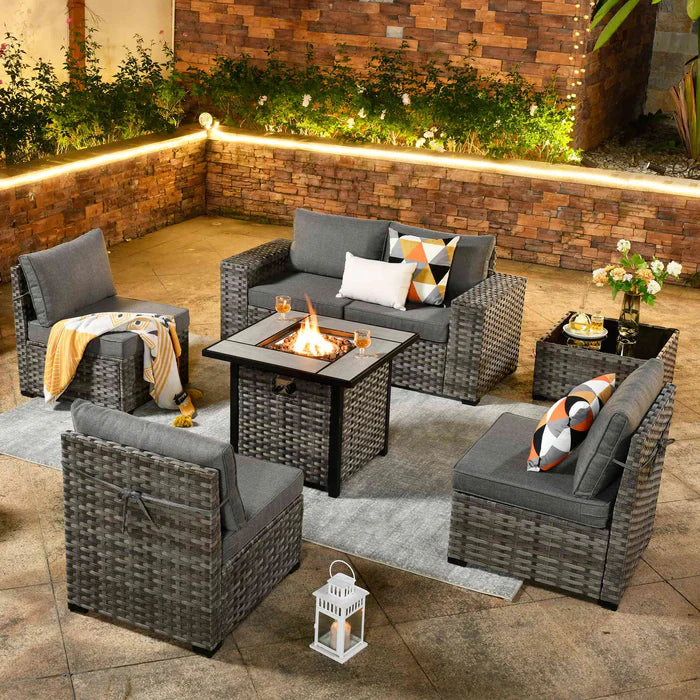 7 Pieces Patio Furniture Set with 7.68'' Broad Handrails and 30'' Fire Pit Table1