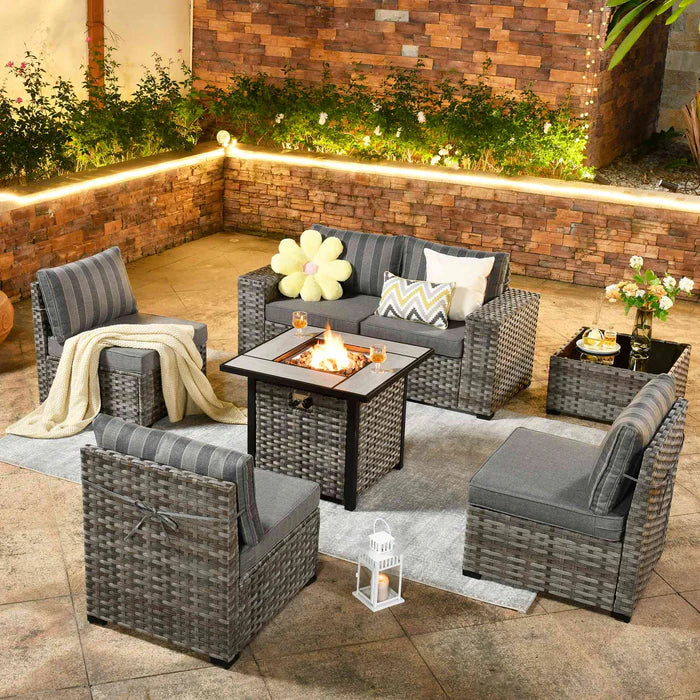 7 Pieces Patio Furniture Set with 7.68'' Broad Handrails and 30'' Fire Pit Table1
