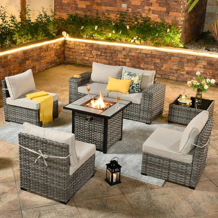 7 Pieces Patio Furniture Set with 7.68'' Broad Handrails and 30'' Fire Pit Table1