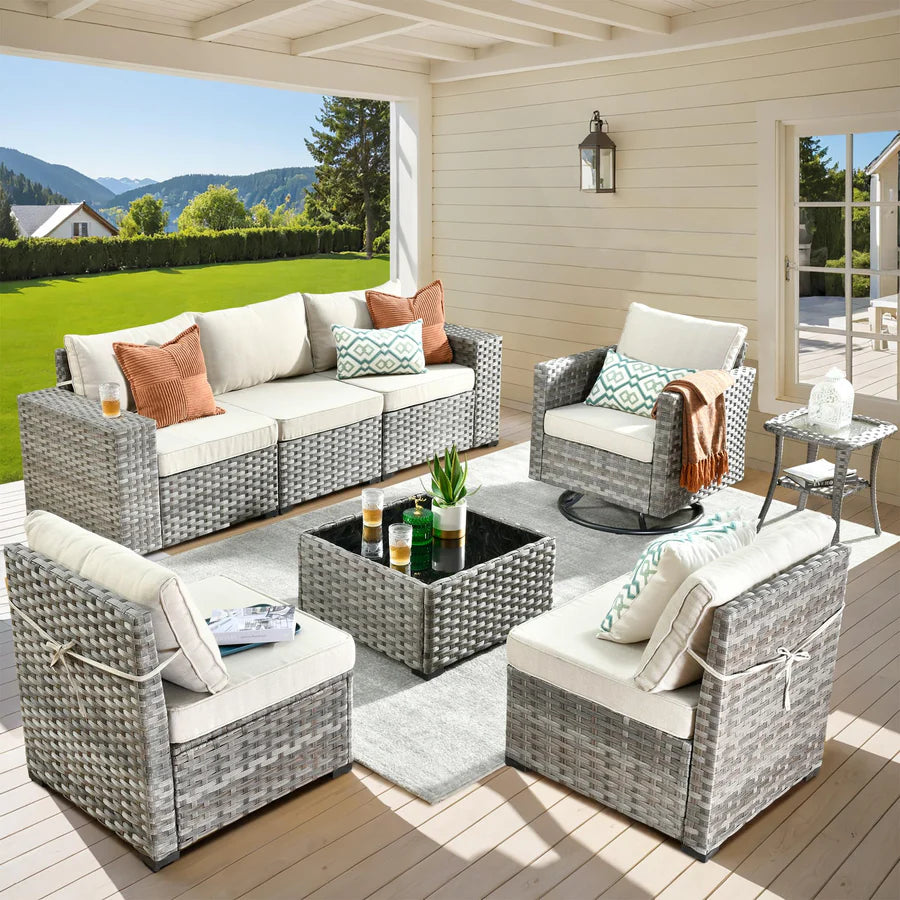 8 Pieces Patio Furniture Set, Outdoor Sectional Sofa with Swivel Rocking Chair