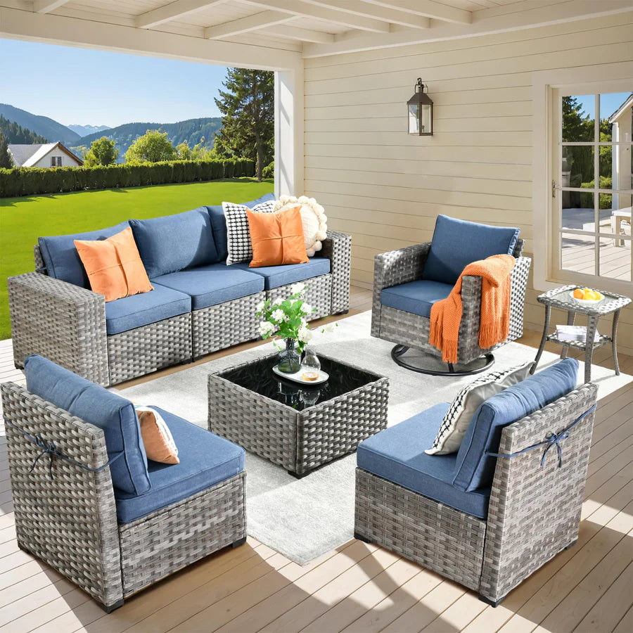 8 Pieces Patio Furniture Set, Outdoor Sectional Sofa with Swivel Rocking Chair