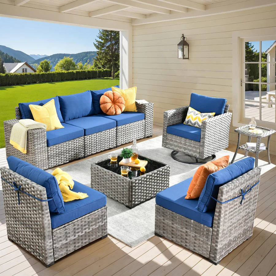 8 Pieces Patio Furniture Set, Outdoor Sectional Sofa with Swivel Rocking Chair
