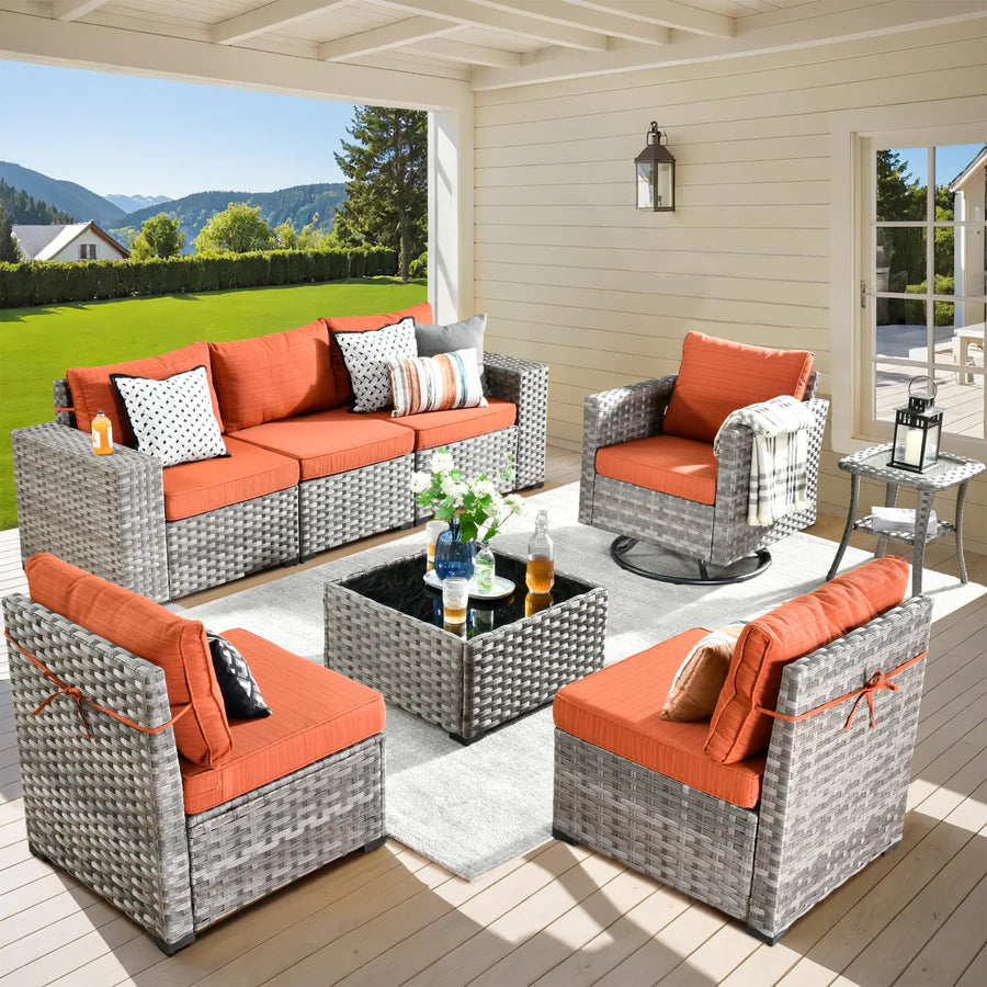 8 Pieces Patio Furniture Set, Outdoor Sectional Sofa with Swivel Rocking Chair