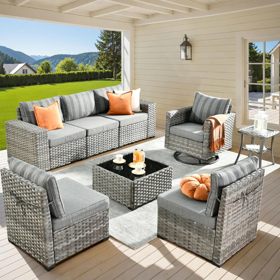 8 Pieces Patio Furniture Set, Outdoor Sectional Sofa with Swivel Rocking Chair