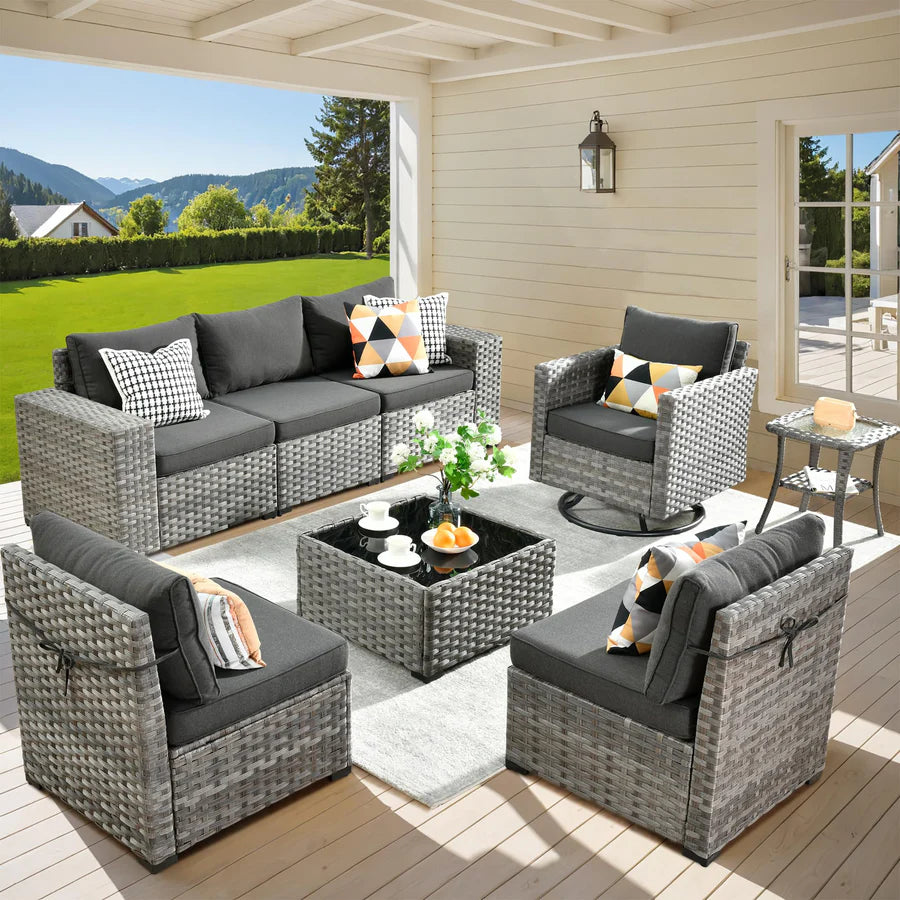8 Pieces Patio Furniture Set, Outdoor Sectional Sofa with Swivel Rocking Chair