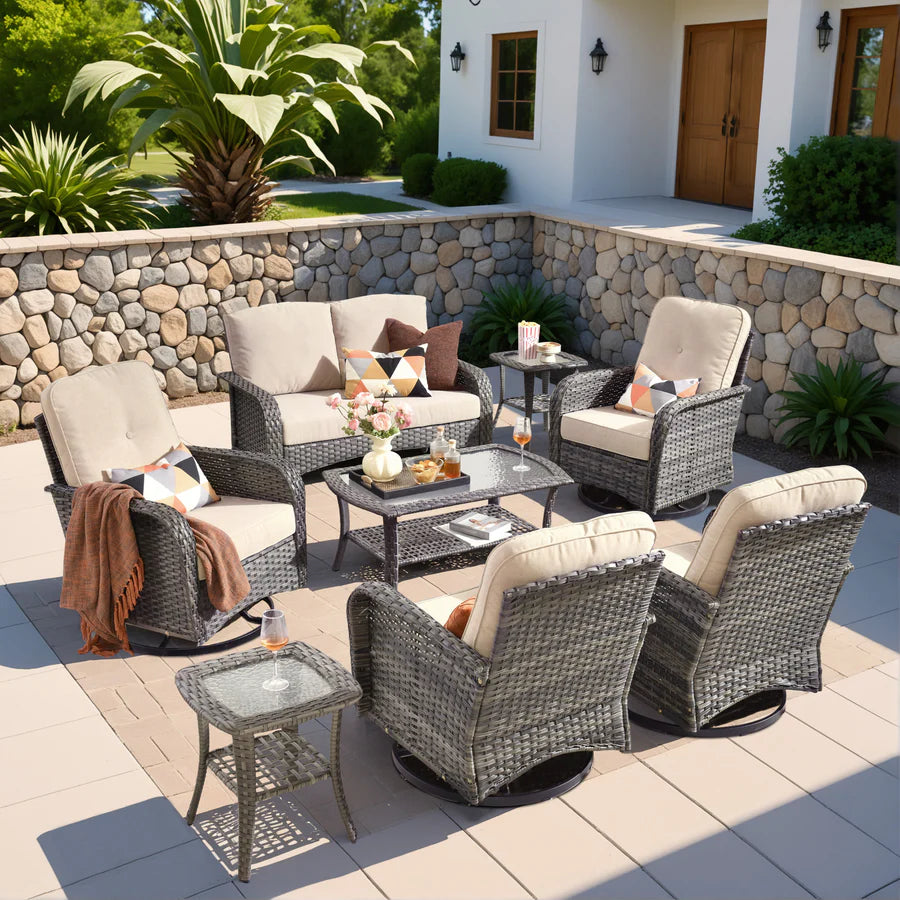 8 Pieces Patio Furniture Set, Outdoor Wicker Sofa with Swivel Chairs