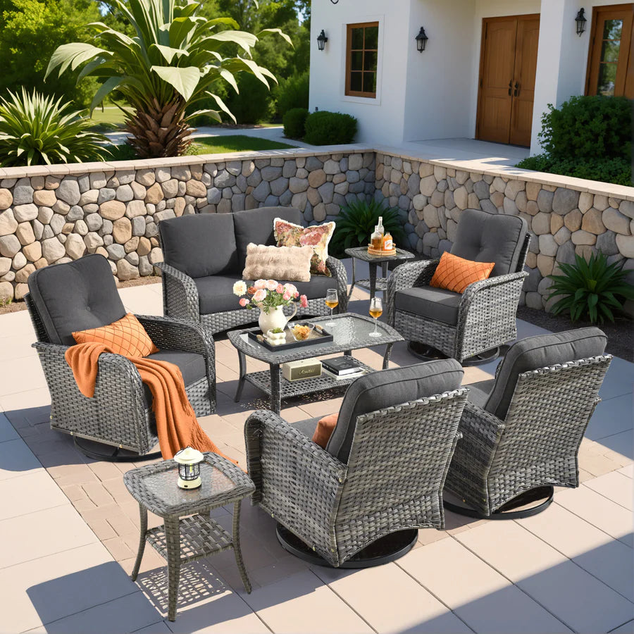 8 Pieces Patio Furniture Set, Outdoor Wicker Sofa with Swivel Chairs