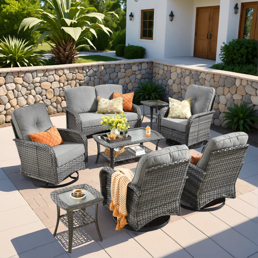 8 Pieces Patio Furniture Set, Outdoor Wicker Sofa with Swivel Chairs