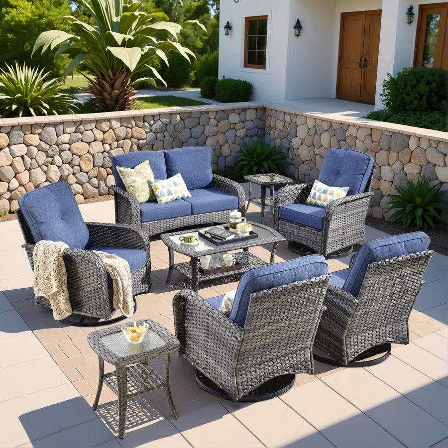 8 Pieces Patio Furniture Set, Outdoor Wicker Sofa with Swivel Chairs