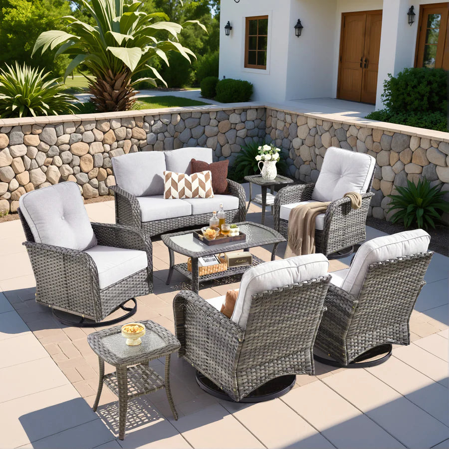8 Pieces Patio Furniture Set, Outdoor Wicker Sofa with Swivel Chairs