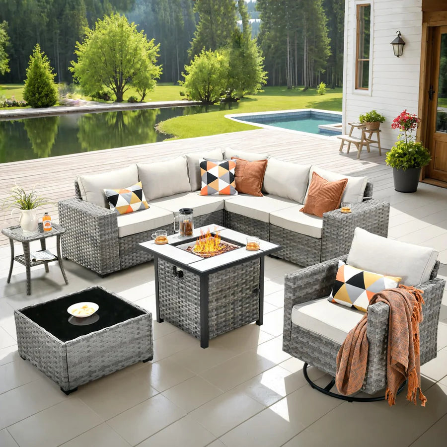 9 Pieces Patio Furniture Set, Outdoor Sectional Sofa with Swivel Rocking Chair, 30" Fire Pit Table
