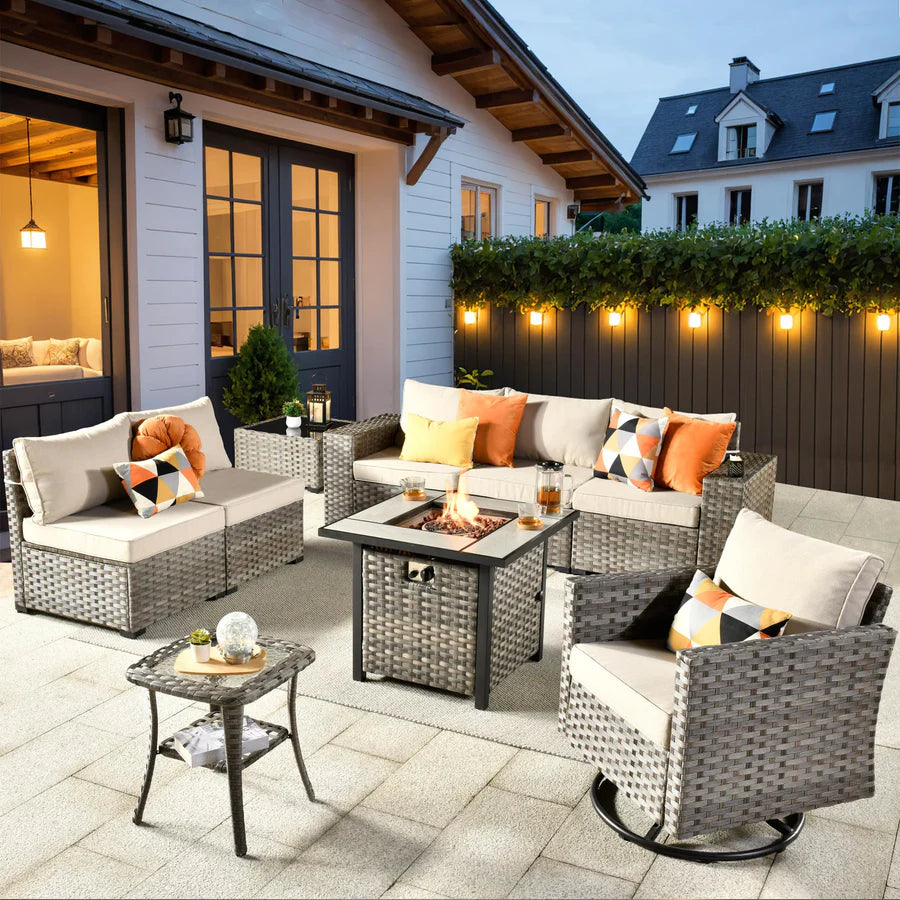 9 Pieces Patio Furniture Set, Outdoor Sectional Sofa with Swivel Rocking Chair, 30" Fire Pit Table