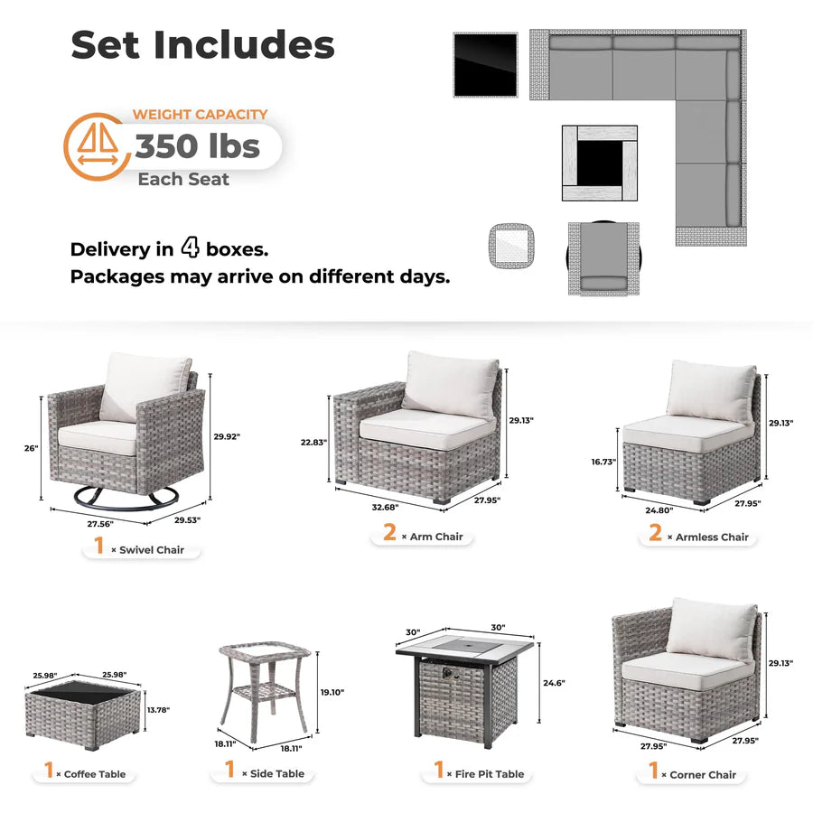 9 Pieces Patio Furniture Set, Outdoor Sectional Sofa with Swivel Rocking Chair, 30" Fire Pit Table