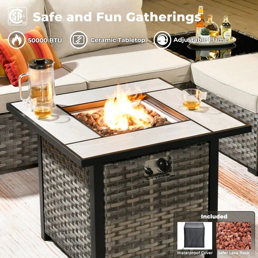 9 Pieces Patio Furniture Set, Outdoor Sectional Sofa with Swivel Rocking Chair, 30" Fire Pit Table