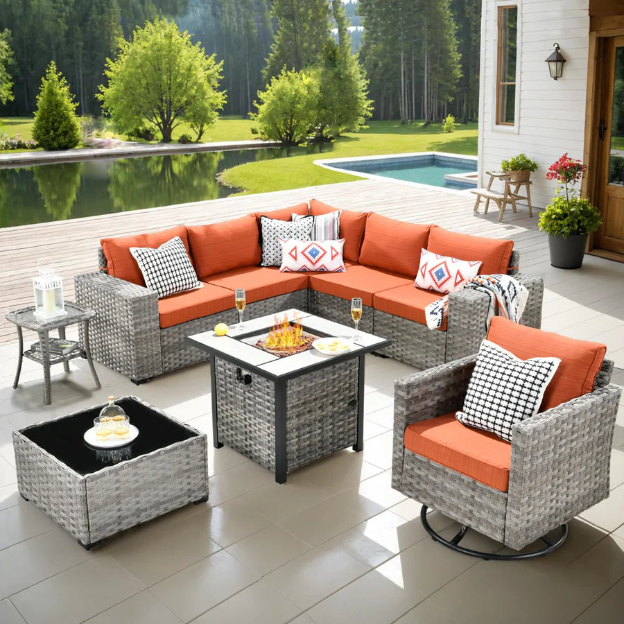 9 Pieces Patio Furniture Set, Outdoor Sectional Sofa with Swivel Rocking Chair, 30" Fire Pit Table