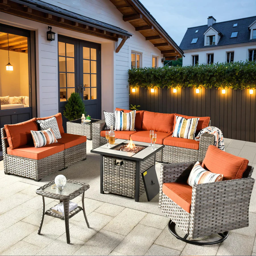 9 Pieces Patio Furniture Set, Outdoor Sectional Sofa with Swivel Rocking Chair, 30" Fire Pit Table