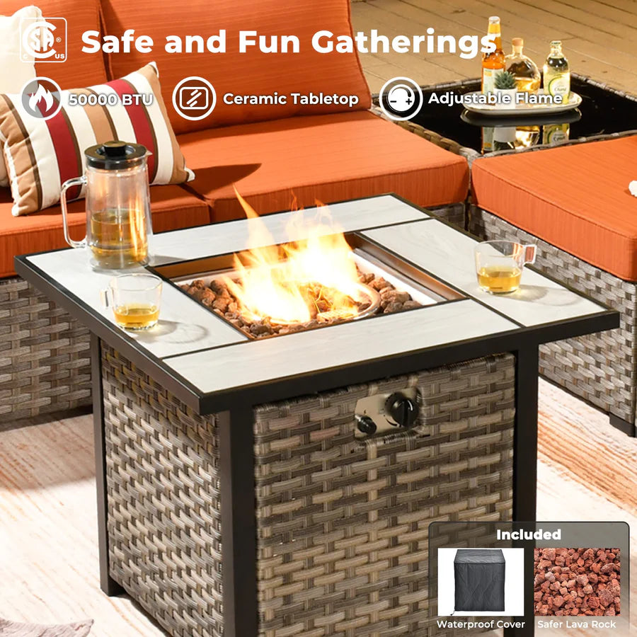 9 Pieces Patio Furniture Set, Outdoor Sectional Sofa with Swivel Rocking Chair, 30" Fire Pit Table
