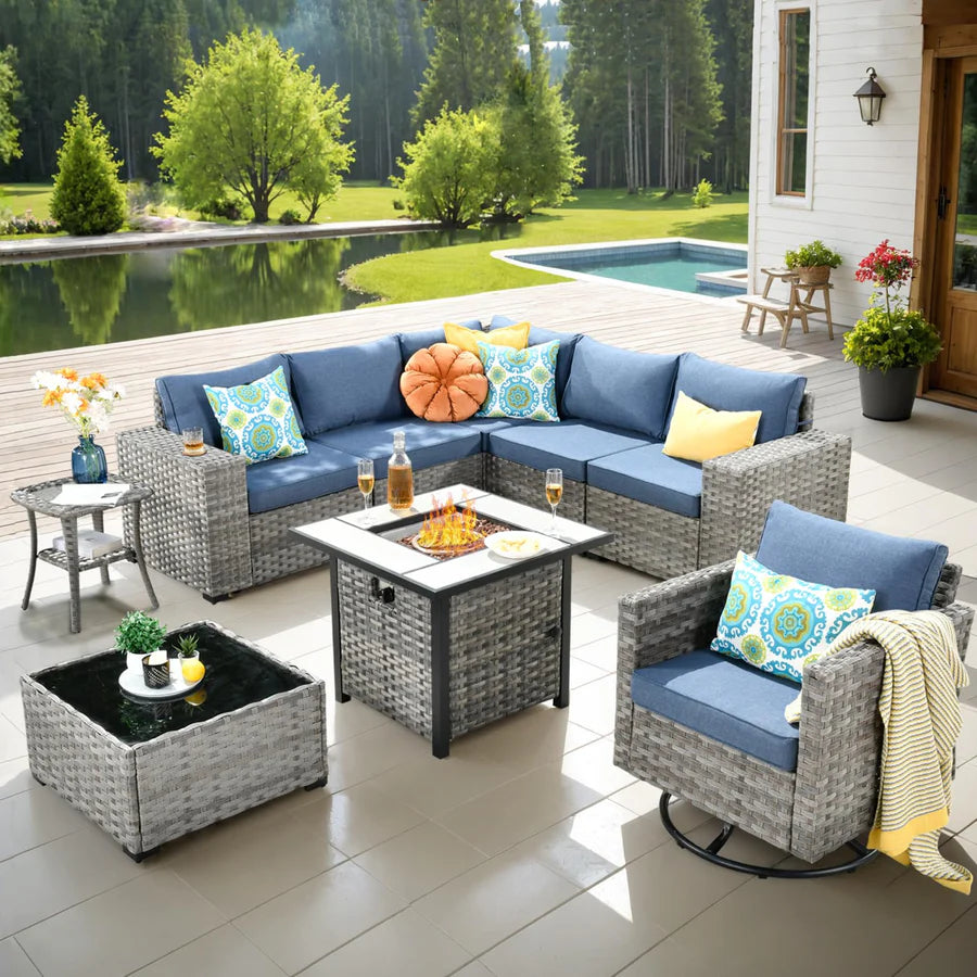 9 Pieces Patio Furniture Set, Outdoor Sectional Sofa with Swivel Rocking Chair, 30" Fire Pit Table