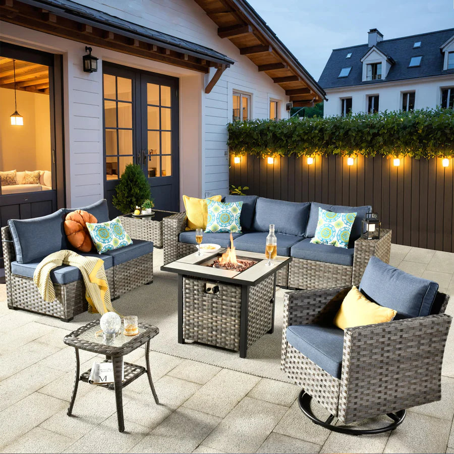 9 Pieces Patio Furniture Set, Outdoor Sectional Sofa with Swivel Rocking Chair, 30" Fire Pit Table