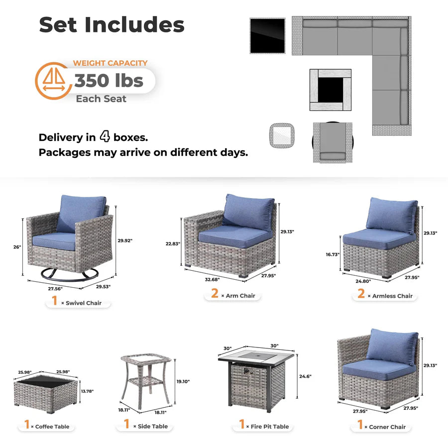 9 Pieces Patio Furniture Set, Outdoor Sectional Sofa with Swivel Rocking Chair, 30" Fire Pit Table