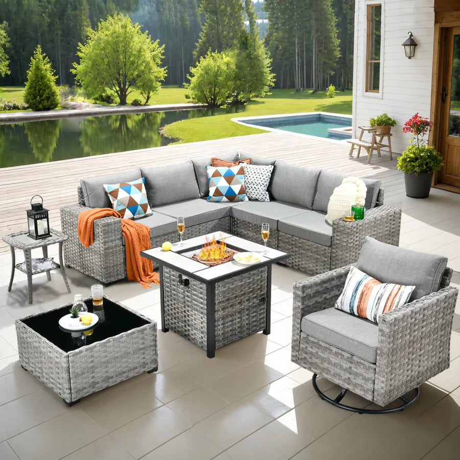 9 Pieces Patio Furniture Set, Outdoor Sectional Sofa with Swivel Rocking Chair, 30" Fire Pit Table