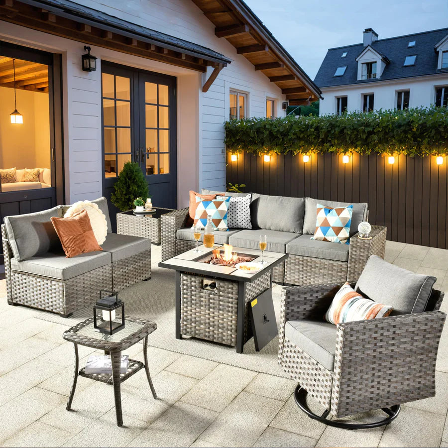 9 Pieces Patio Furniture Set, Outdoor Sectional Sofa with Swivel Rocking Chair, 30" Fire Pit Table