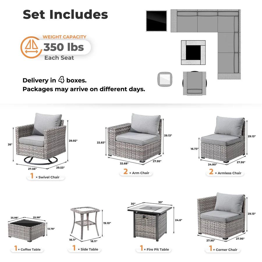 9 Pieces Patio Furniture Set, Outdoor Sectional Sofa with Swivel Rocking Chair, 30" Fire Pit Table